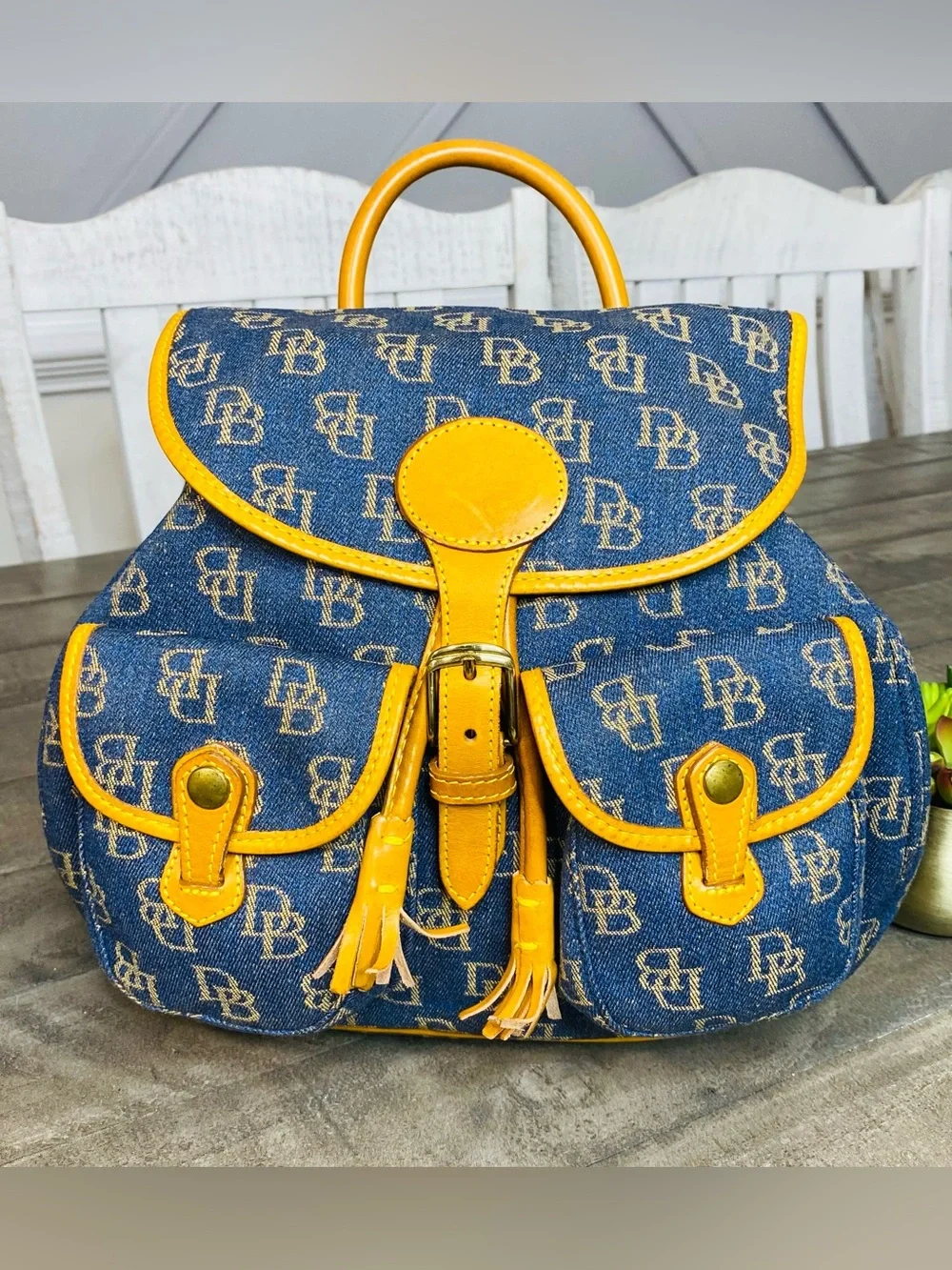 Vintage Dooney & Bourke Denim Monogram Backpack Purse DB Canvas Tan Leather Trim